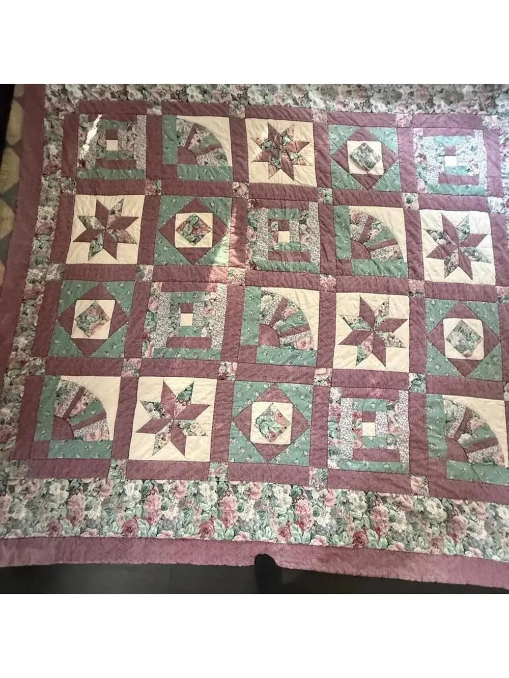 HUGE Vintage quilt star fan motif green, purple, and cream #cottagecore #grandma
